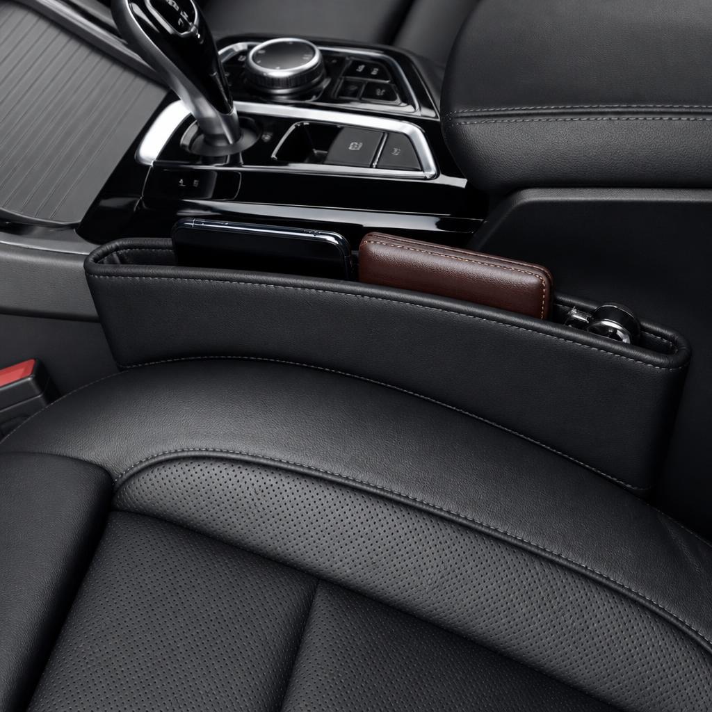 TidyRide car seat gap organizer installed between a car seat and center console